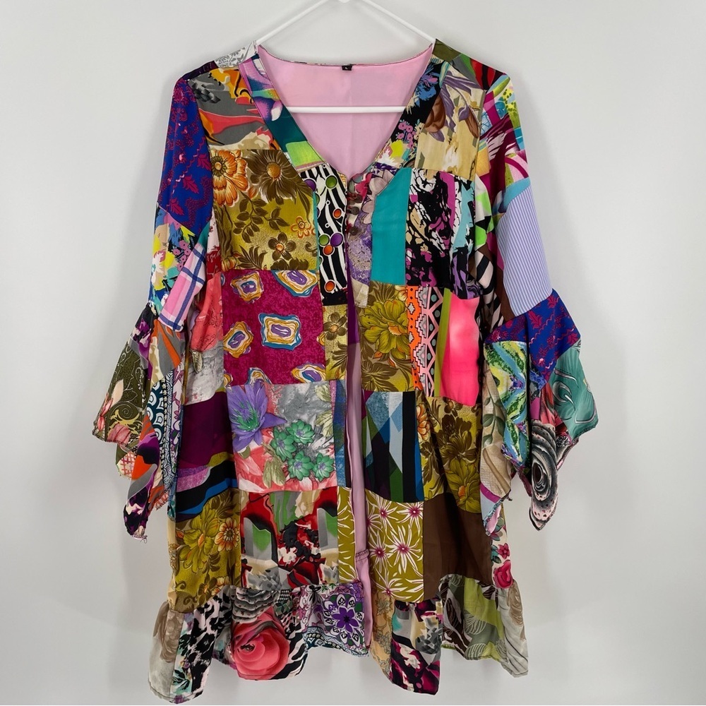 NWOT Patchwork Boho Bell Scarf Sleeve Lined Lightweight 3 Button Jacket Festival